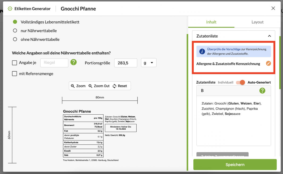 Allergenkennzeichnung Etikett