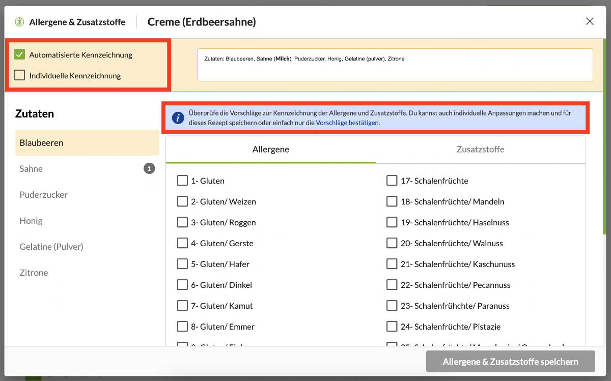 Allergene & Zusatzstoffe verwalten