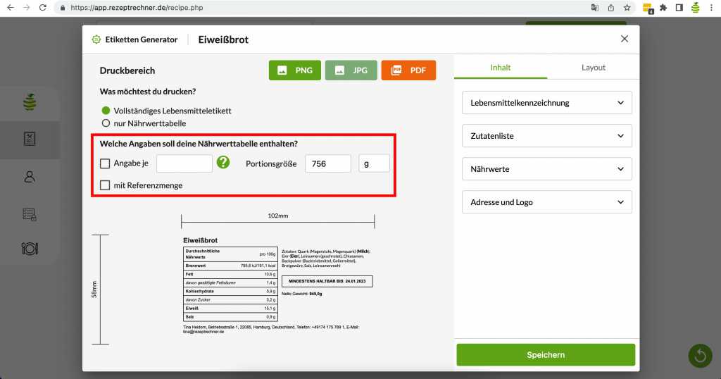 Nährwerttabelle auf Etiketten gemäß LMIV