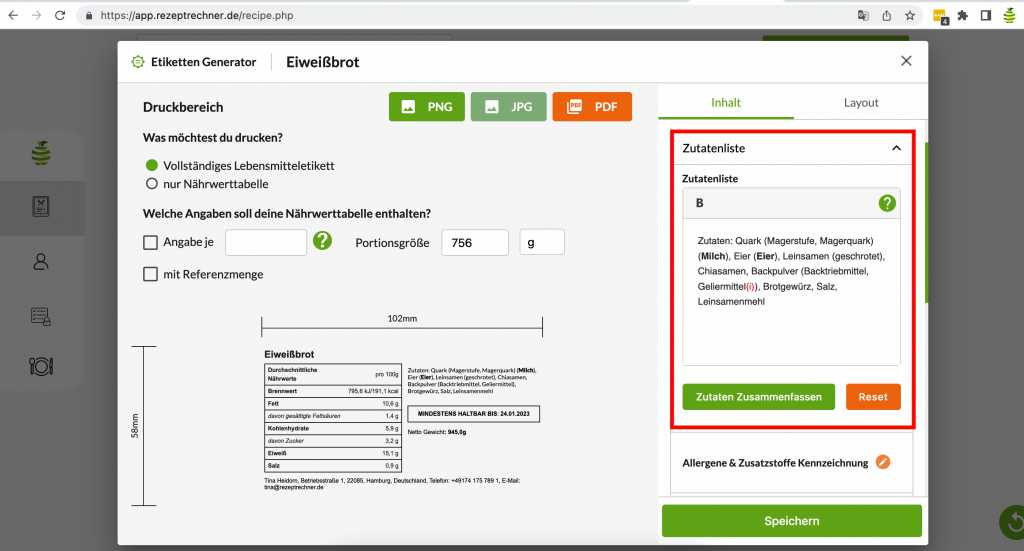 LMIV Zutatenliste für Etiketten (verpackte Lebensmittel)