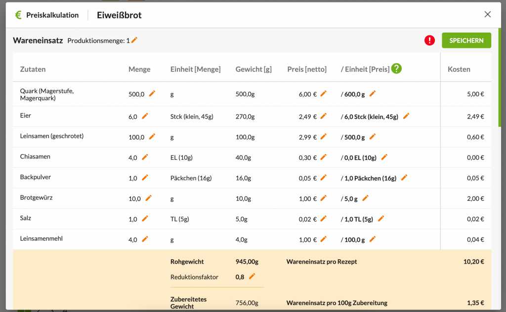 Rezeptrechner PRO Business: Anleitung Preiskalkulation