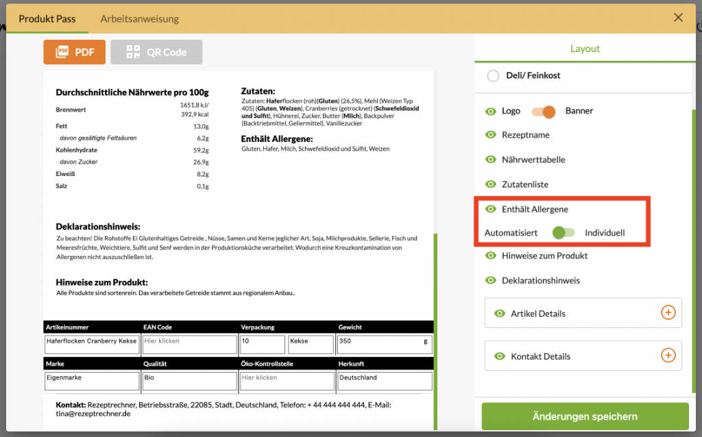 Allergenkennzeichnung Produktspezifikation