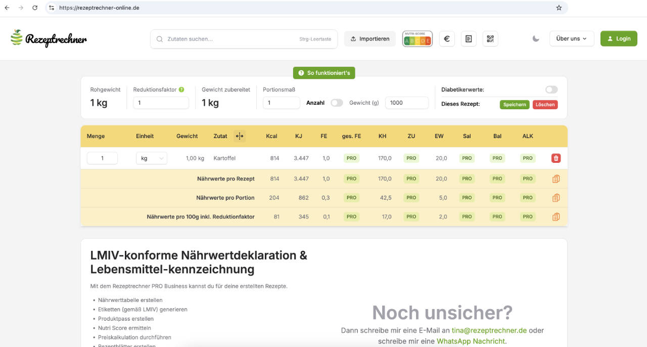 Rezeptrechner Rezepteingabe: Menge und Einheit für Zutaten eingeben
