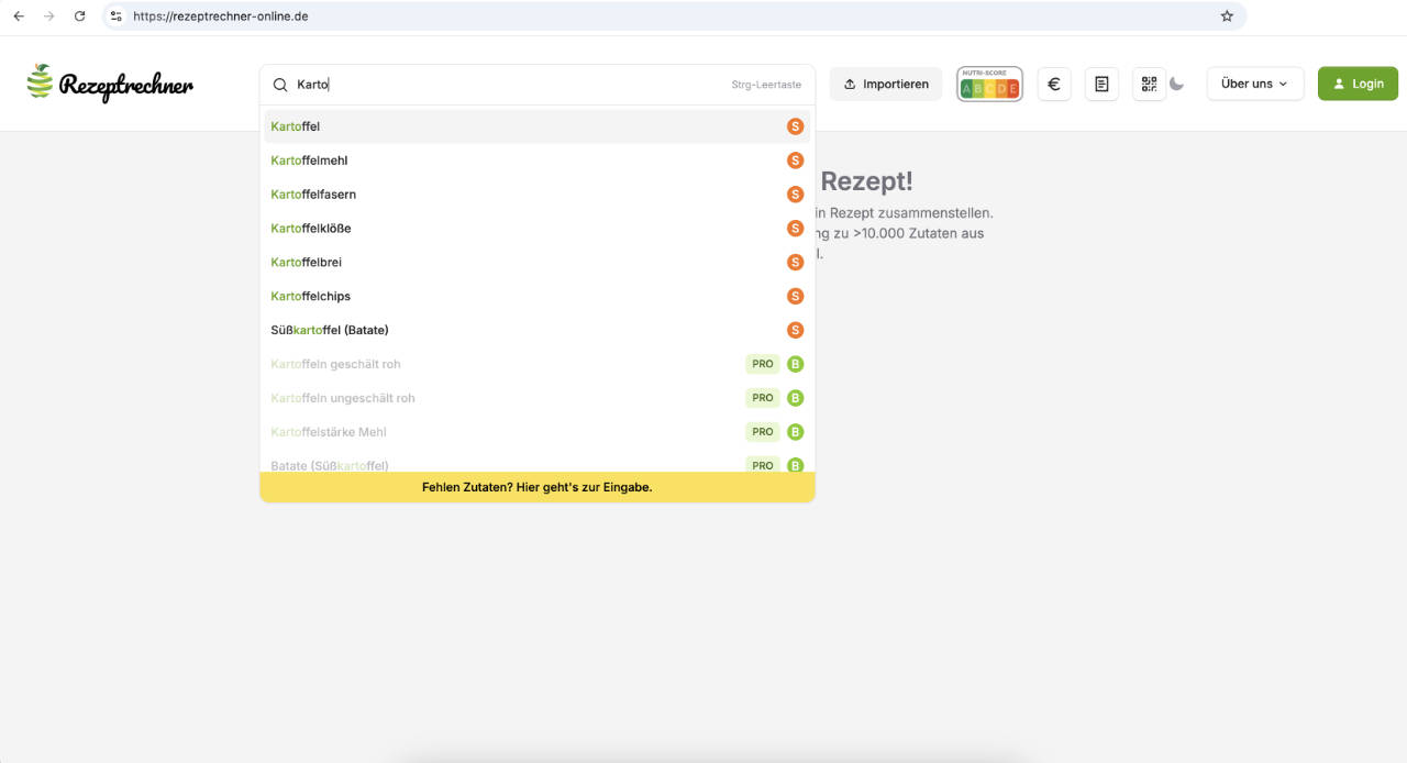 Rezeptrechner Rezepteingabe: Zutatenauswahl