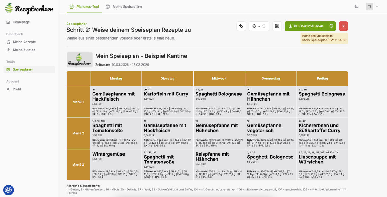 Rezeptrechner PRO Business: Anleitung Speiseplan erstellen