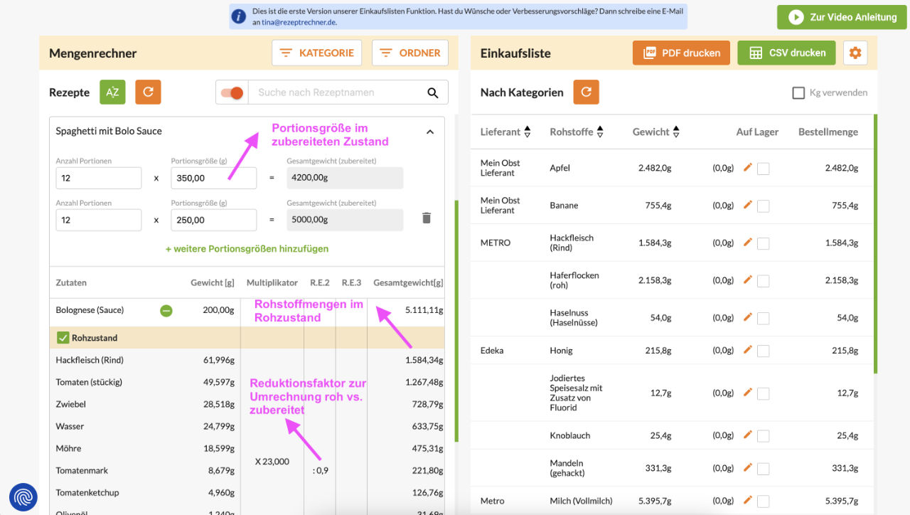 Reduktionsfaktor in der Einkaufslisten-Funktion