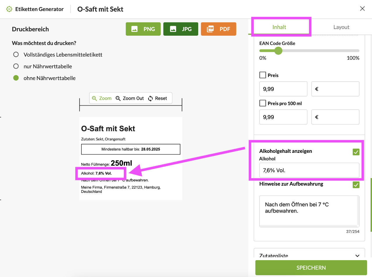 QUID Kennzeichnung für Etiketten