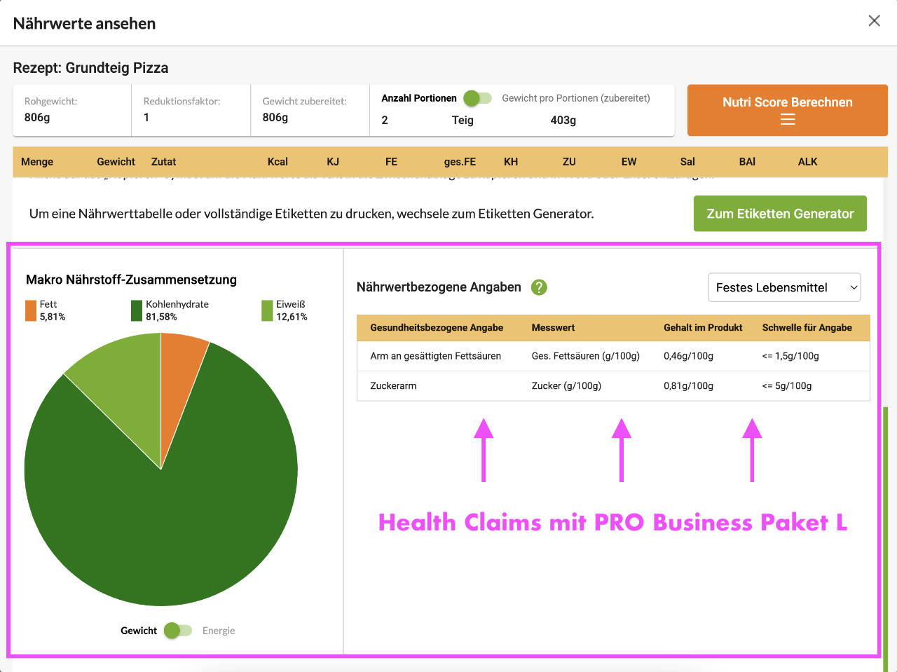 Rezeptrechner PRO Business: Health Claims
