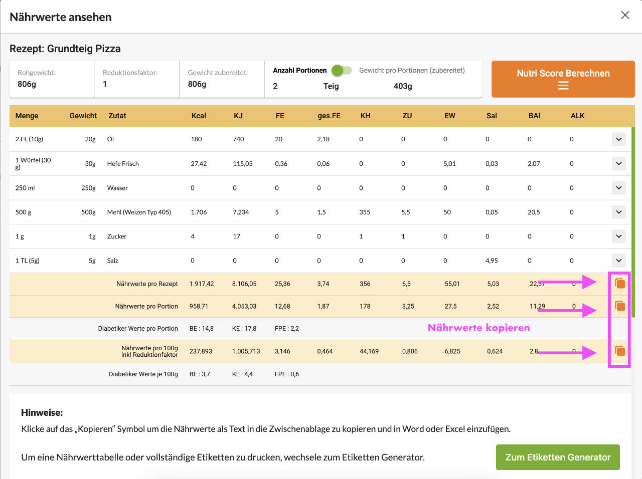 Rezeptrechner PRO Business: Nährwerte kopieren