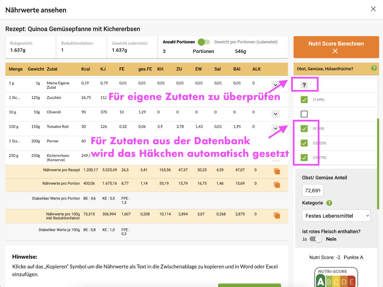 Rezeptrechner PRO Business: Nutri-Score ermitteln