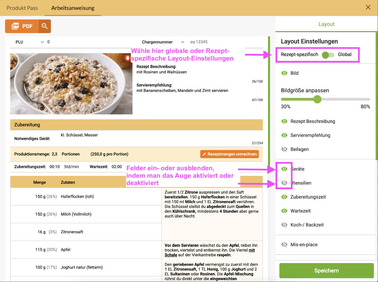 Layout für Arbeitsanweisung anpassen
