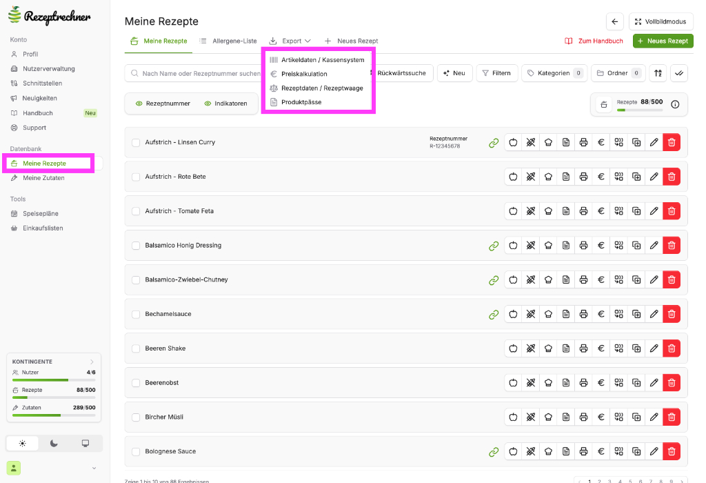 Rezeptdaten aus dem Rezeptrechner exportieren – als PDF, Excel/CSV und im Massenexport
