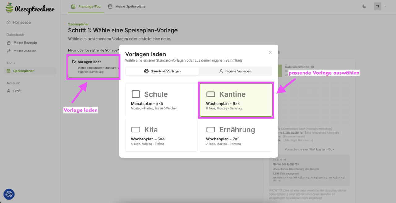 Speiseplaner Vorlage erstellen