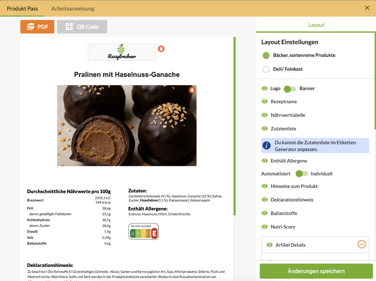 Produktspezifikation und Etiketten für Bäckereien und Konditoren