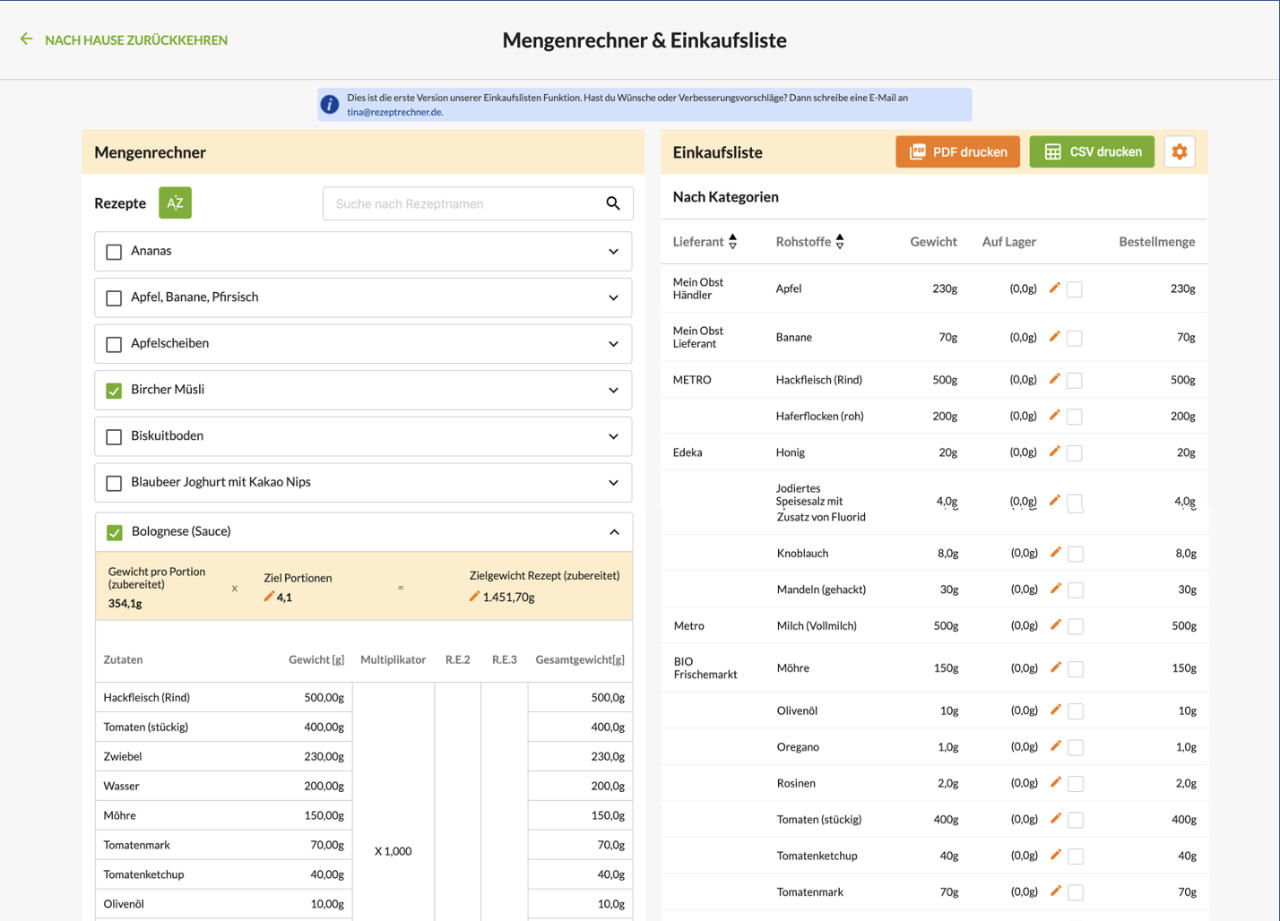 Mengenplanung und Einkaufsliste
