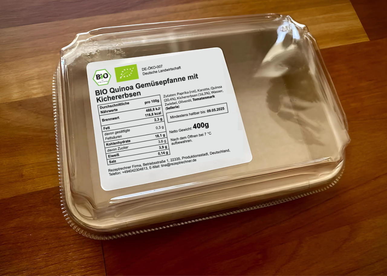 Beispiel für ein Lebensmitteletikett mit Bio-Kennzeichnung in der Gastronomie