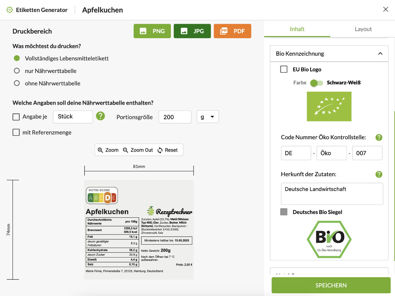 Etiketten Generator für Manufakturen