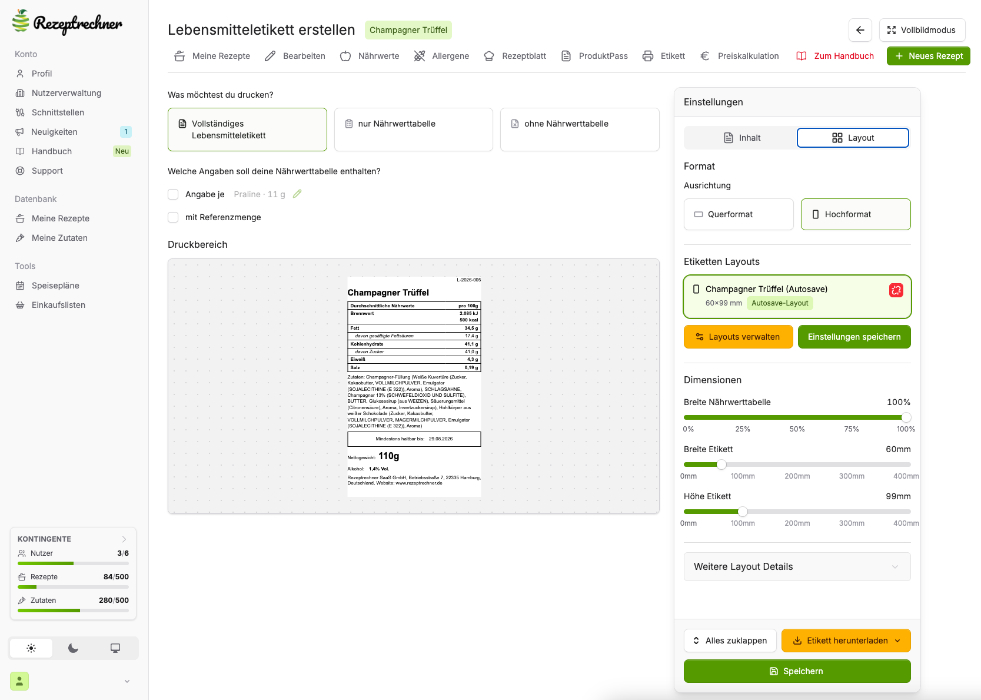 Screenshot des Etiketten Generators für Bäckereien und Konditoreien