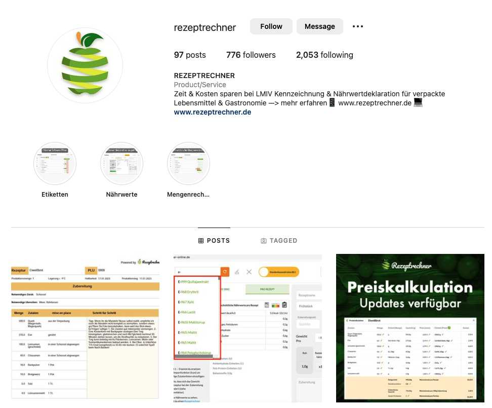 Rezeptrechner Instagram Profil