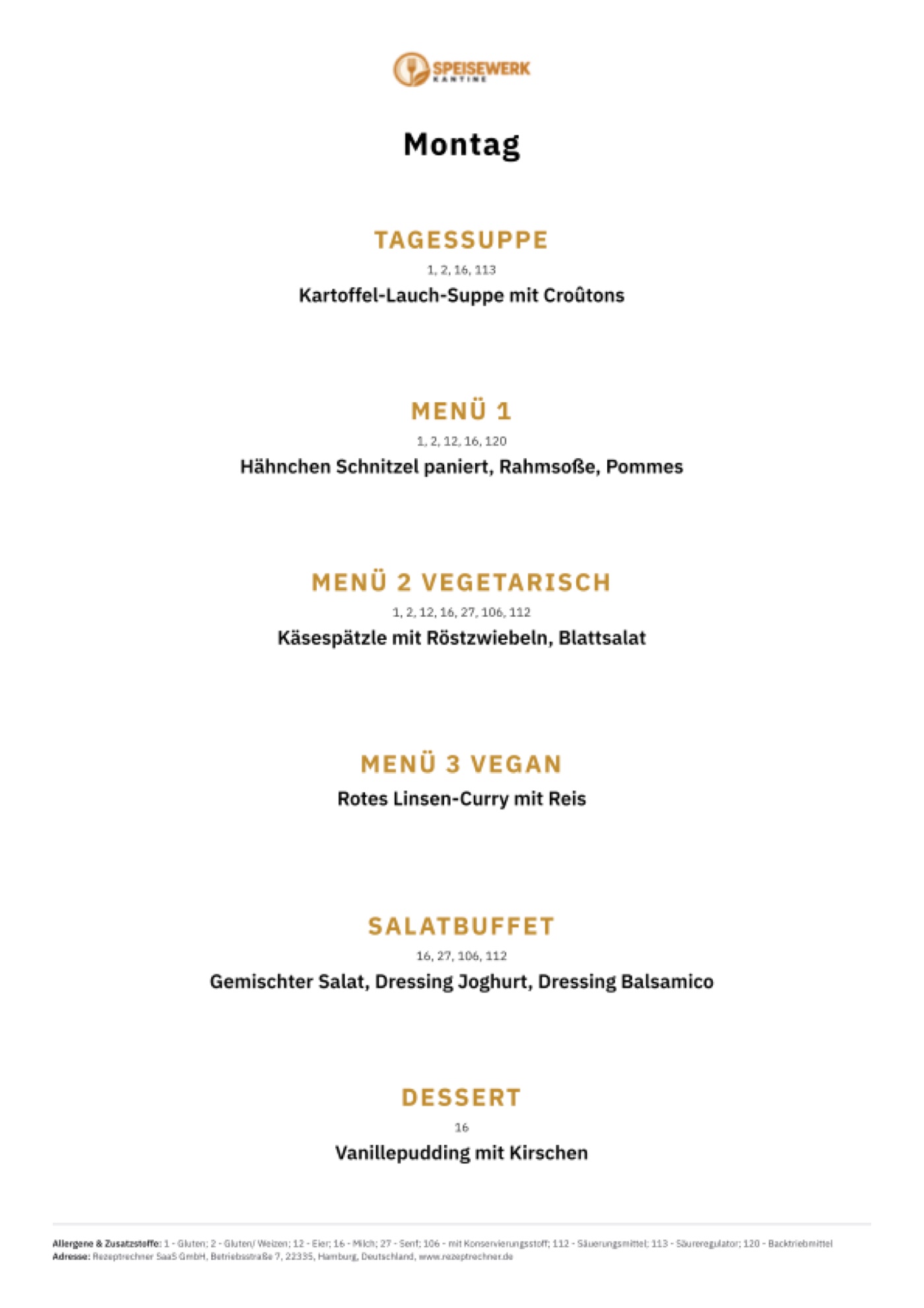 Tagesansicht aus dem Speiseplan: Tageskarte Montag einer Betriebskantine mit sechs Linien, Allergen-Nummern und Legende, erzeugt mit der Rezeptrechner Software